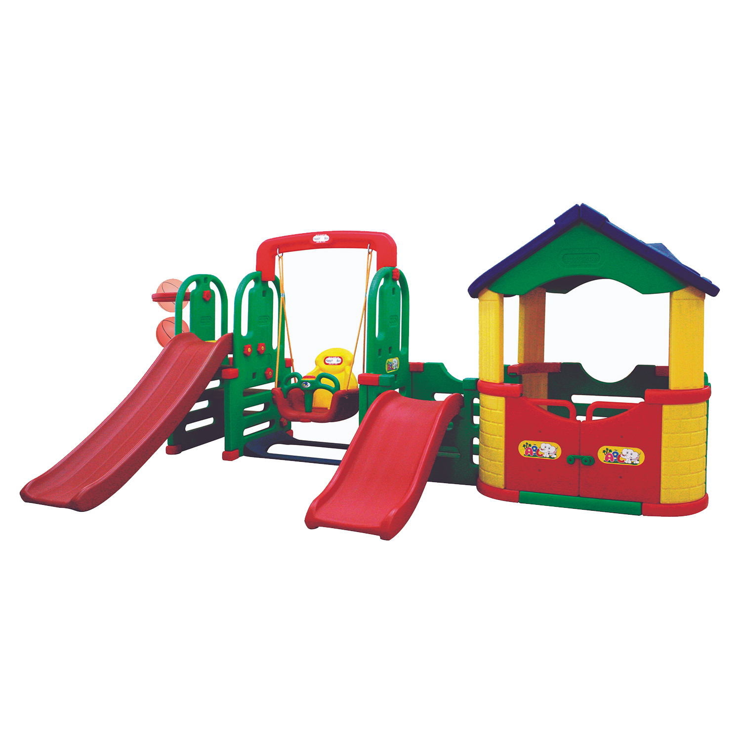 Игровой комплекс Happy Box JM-804С Мульти-Хаус (2 детские горки, баскетбольное кольцо с мячом, подвесные качели, игровой домик-манеж)