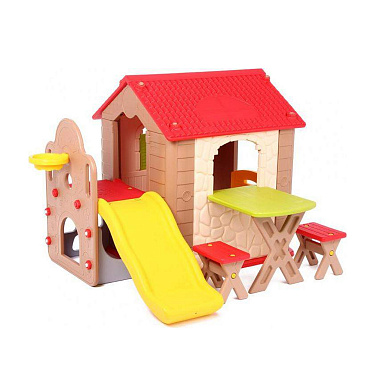 Игровой комплекс Haenim Toy HN-777 (домик, игровой столик, 2 стульчика, баскетбольное кольцо с мячом, детская пластиковая горка)